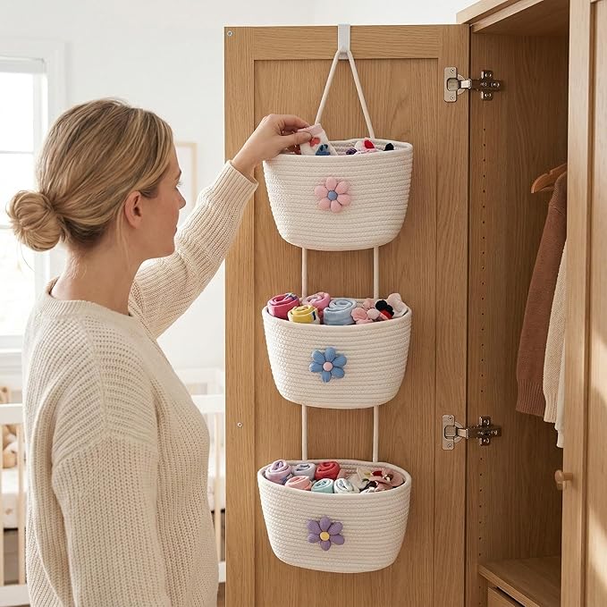 3 Tier Cotton Rope Hanging Wall Basket, Cute Flower Decor Wall Mounted Storage Organizer for Nursery, Bathroom, Kitchen, Kids Room, Boho Woven Hanging Shelf with 2 Hooks