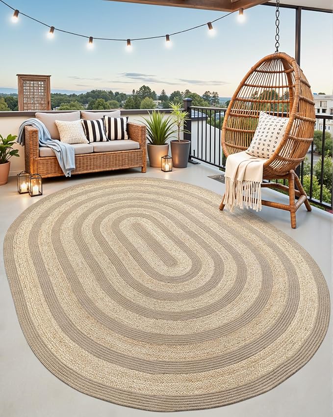 DEXI Jute Area Rug Natural Fiber 8x10 Oval, Woven Braided Durable Farmhouse Design Rugs for Living Room, Bedroom Dinning Room Office Outdoor Patio, Natural/Beige