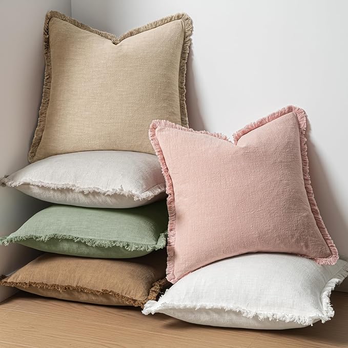 MIULEE Decorative Throw Pillow Covers Neutral Linen Fringe Throw Pillows Set of 2 Sage Green Boho Farmhouse Cushion Covers with Tassels for Couch Sofa Bed Living Room Spring Home Decor 18x18 Inch