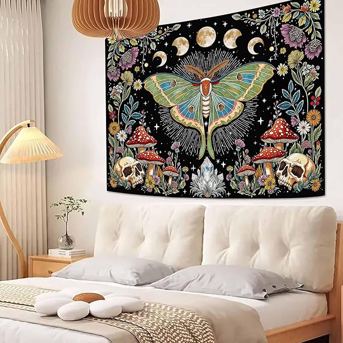 Accnicc Moth Tapestry Boho Mushroom Hippie Skull Wall Tapestry for Bedroom Aesthetic Vintage Floral Plant Moon Phase Small Tapestries Wall Hanging for Dorm Living Room Decor 48 x 36 Inch