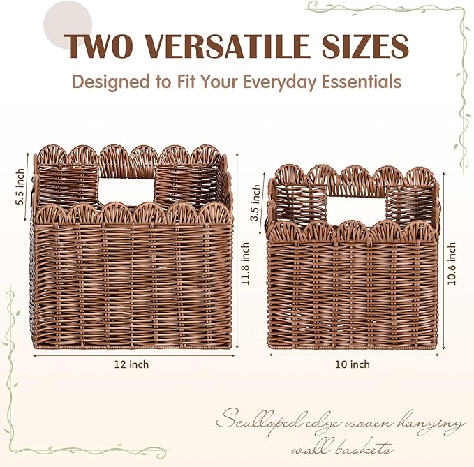 2 Pack Scalloped Wicker Hanging Basket for Organizing Woven Wall Baskets for Front Door Mail Flowers Books Accessories Boho Rustic Farmhouse Wall Decor (Pe Rattan)