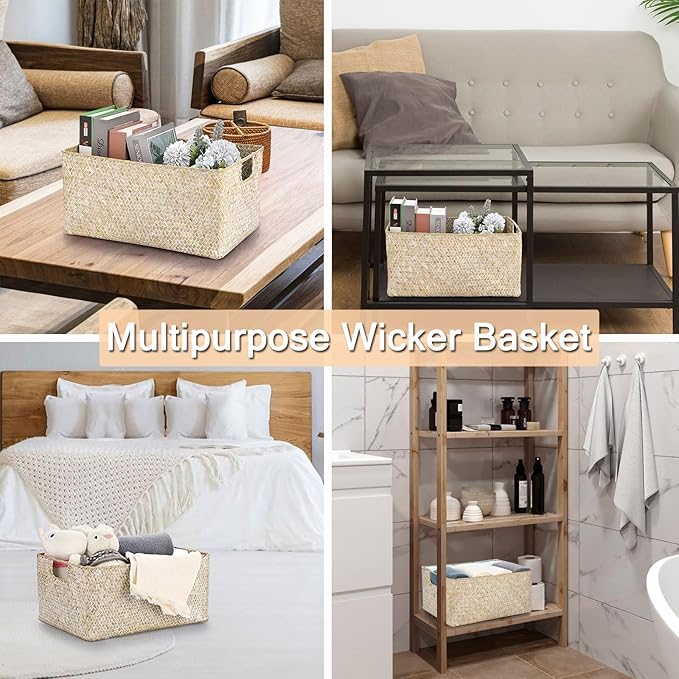 Hipiwe Wicker Shelf Baskets Seagrass Storage Opened Baskets Bin Built-in Handles Rectangular Closet Bedroom Organizer Box Multipurpose Woven Basket Home Organizer,Whitewash,14.6"x 10.6" x 7"
