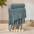 Boho Knitted Chenille Blanket with Tassels - Lightweight & Soft All-Season Throw - 3D Classic Pattern for Living Room Bedroom Couch, Celestial Blue, Twin 60"x80"