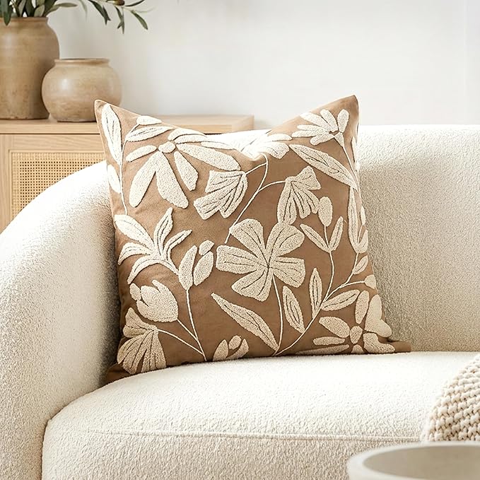 BlissBlush 20x20 Throw Pillow Cover, Square Brown Decorative Cushion Cover for Couch Sofa, Embroidered Velvet Farmhouse Accent Pillowcase (Cover Only)