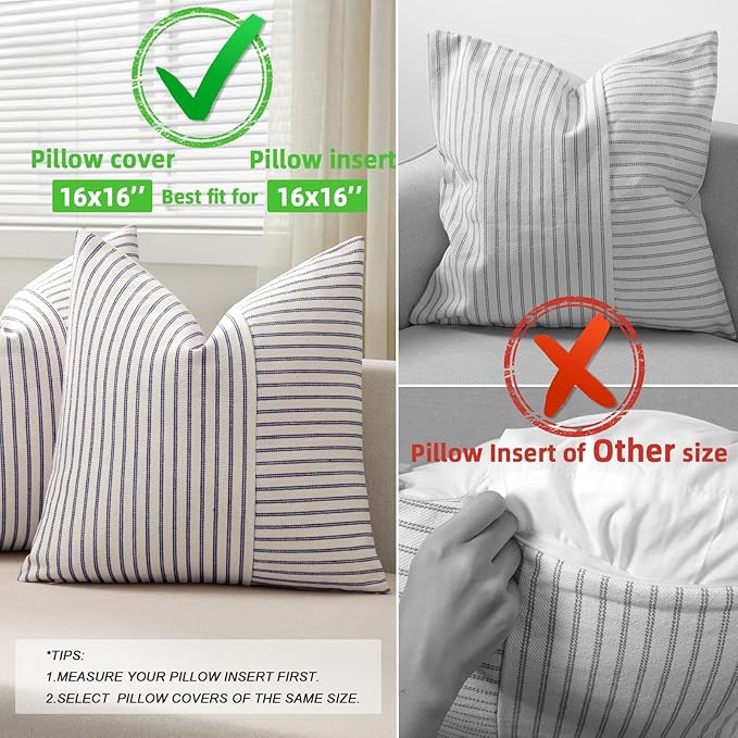 YCOLL Farmhouse Pillow Covers 16x16, Modern Accent Square Throw Pillow Covers Set of 2, Navy and Beige Striped Patchwork Linen Decorative Pillows Cushion Covers for Couch Chair Bedroom Home Decor