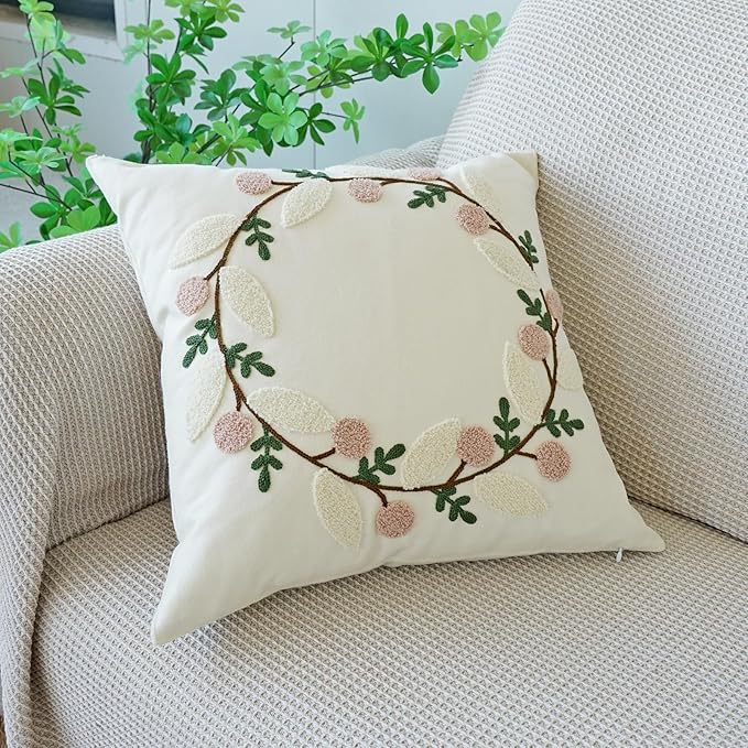 vctops Floral Embroidered Pillow Covers 18x18 Inch Spring Summer Cotton Tufted Throw Pillow Cover Outdoor Garden Cushion Case for Sofa, Bed, Living Room (Flower B,18"x18")