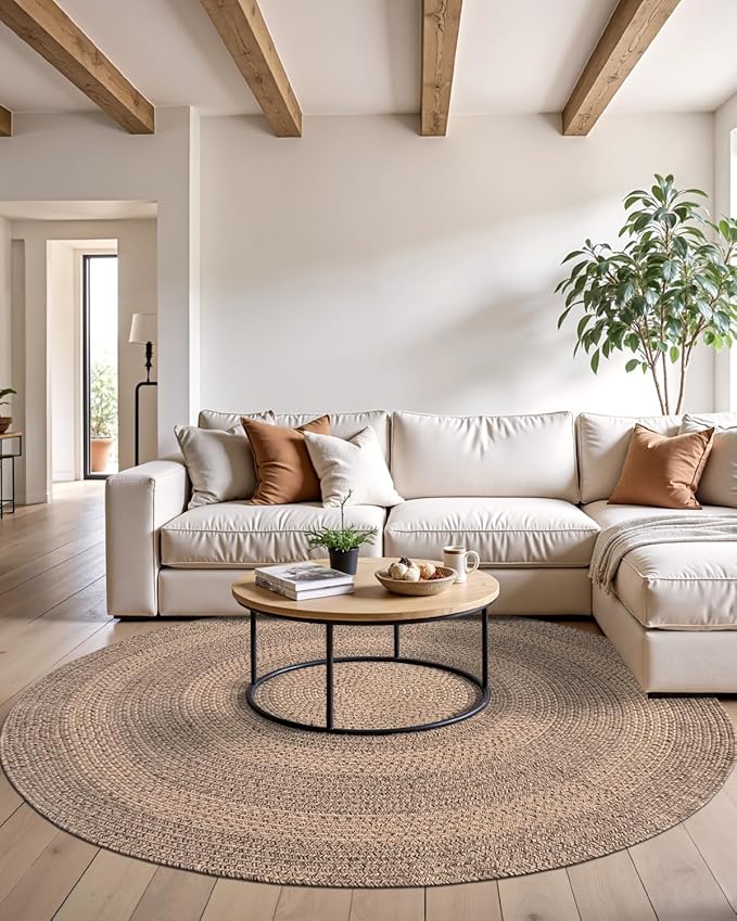 DEXI Round Jute Rug Natural Fiber 6x6, Braided Woven Area Rugs No Shed, Large Soft Neutral Rustic Carpet Mat for Indoor Outdoor Patio Dining Living Room Bedroom Farmhouse, 6ft, Brown