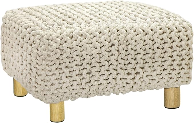COTTON CRAFT Braided Footrest - Handknitted Dori Foot Stool with Sturdy Wood Legs – Handmade Boho Leg Rest - Small Spaces Under Desk Living Room Entryway Low Footstool Pouf - 16.5x12x9.5 - Ivory