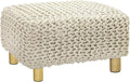 COTTON CRAFT Braided Footrest - Handknitted Dori Foot Stool with Sturdy Wood Legs – Handmade Boho Leg Rest - Small Spaces Under Desk Living Room Entryway Low Footstool Pouf - 16.5x12x9.5 - Ivory
