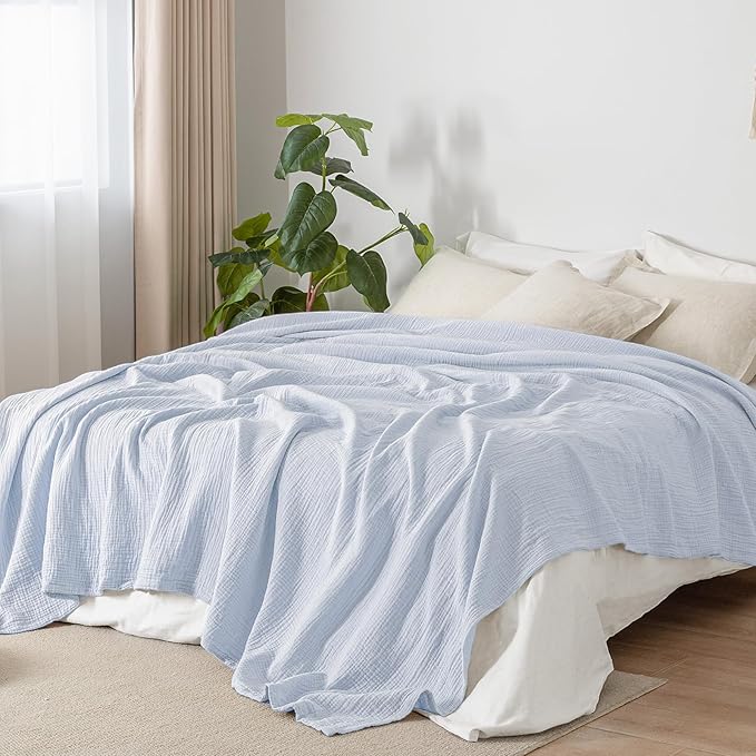 PHF 100% Cotton Muslin Blanket King Size 108"x90", 4-Layer Lightweight Gauze Throw, Breathable Cloud-Soft Minimalist Blanket for Bed, Couch, Camping & Baby, Ancient Water, Ideal Gift