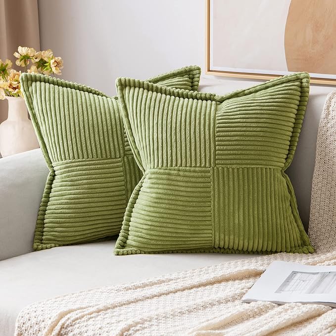 MIULEE Spring Decorative Throw Pillow Covers for Couch Bed Livingroom 16x16 Inch Set of 2 Green Boho Accent Throw Pllows Broadside Striped Patchwork Soft Corduroy Summer Pillowcases