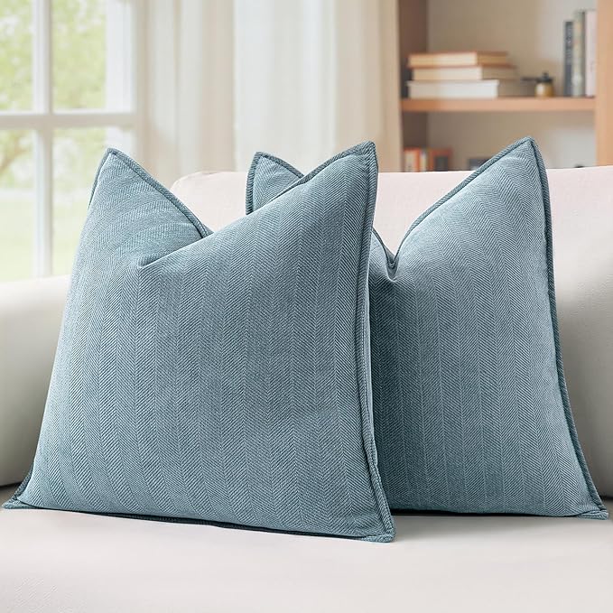 MIULEE Pack of 2 Dusty Blue Decorative Pillow Covers 22x22 Inch Soft Chenille Luxurious Couch Throw Pillows Farmhouse Cushion Covers Euro Shams Elegant Design for Sofa Bed Living Room Spring Decor