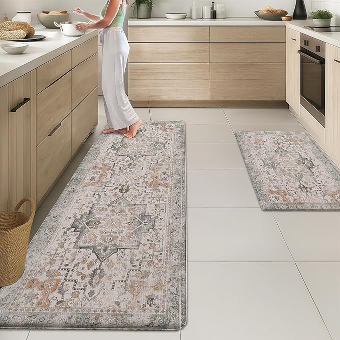 Arttown Kitchen Mats for Floor 2Pcs-Anti Fatigue Non Slip Mats for Kitchen Floor, Cushioned Waterproof & Stain-Resistant Boho Stripe Mat Set, Laundry Room, Office, Sink, Desk (Taupe)