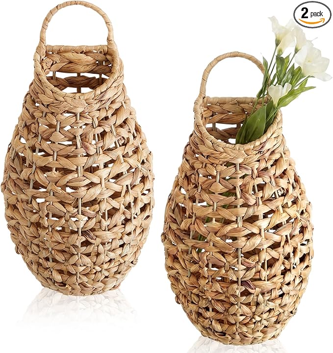 Chunful 2 Pcs Water Hyacinth Hanging Wicker Basket, Natural Wicker Decorative Baskets, Handmade Woven Storage Organizer for House Garden Wedding Wall Decorations, Large Size