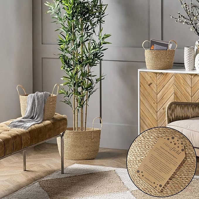 Casafield Set of 3 Braided Seagrass Baskets with Jute Handles - Natural, Woven Storage Basket Planters, Boho Decor for Entryway, Living Room, Bedroom