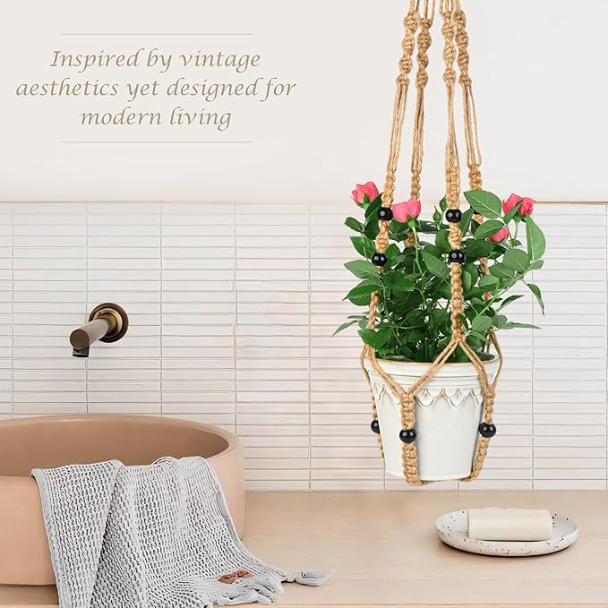 BB FUN HOUSE Plant Hanger Indoor Hanging Planter Basket with Wood Beads Decorative Flower Pot Holder No Tassels for Indoor Outdoor Boho Home Decor 35 Inch (POTS NOT Included)