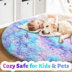 Amdrebio Purple Rainbow Small Round Rug 3Ft for Bedroom Girls Room Decor, Mermaid Stitch Frozen Kids Rugs for Playroom Nursery Dorm, Fluffy Furry Cute Shag Carpet, Kawaii Circle Area Rugs for Baby