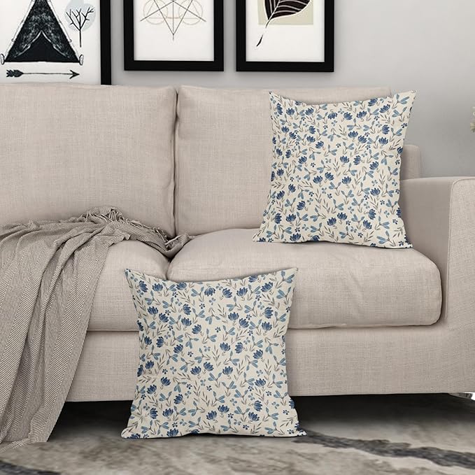 Blue Grey Gray Floral Pillow Covers 18x18 Set of 2 Vintage Rustic Old Style Cute Small Flower Print Decorative Outdoor Pillowcases Farmhouse Throw Cushion Case Decor for Couch Sofa Bed