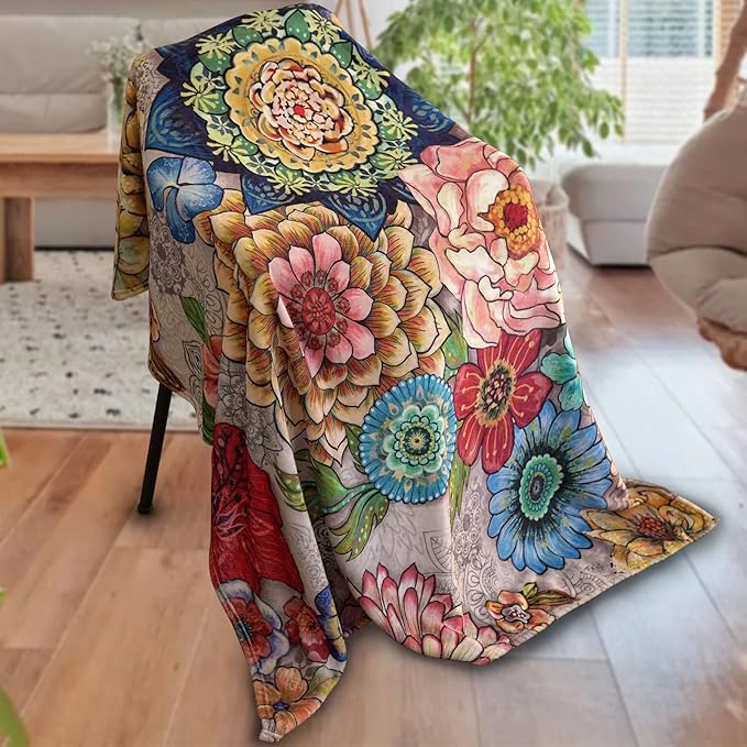 Neasow Floral Fleece Throw Blanket, Vibrant Color Boho Flowers Blossom Cozy Decor Throws for Sofa Bed Couch Chair or Dorm 60×80 inch