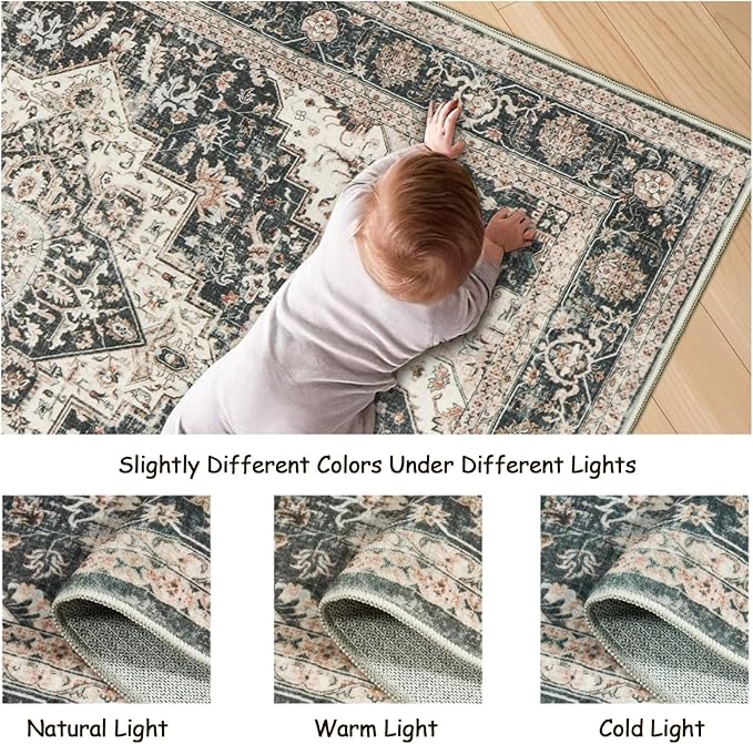 3x5 Area Rug - Washable Kitchen Rugs Non Slip,Soft Low Pile Small Rug for Entryway, Stain Resistant Vintage Area Rugs for Home Decor(Black/Beige, 3'x5')