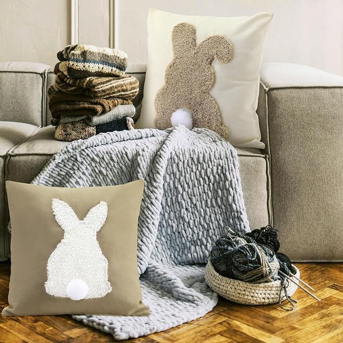 Tufting Easter Pillow Covers 18" x 18" Set of 2 Bunny Pillow Covers 3D Tufted Bunny Rabbit Throw Pillowcase Easter Decorative for Bedroom Sofa Home Decor(Beige,Linen)
