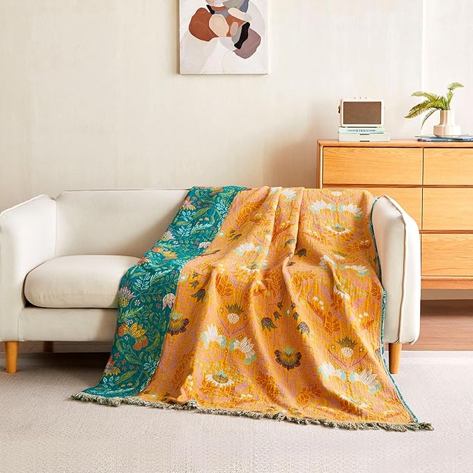 Boho Throw Blanket - 100% Cotton Soft Throw Blanket for Bed, 60"x80" Reversible Breathable Lightweight Spring Blankets, All Seasons Farmhouse Decor Floral Throw Quilt