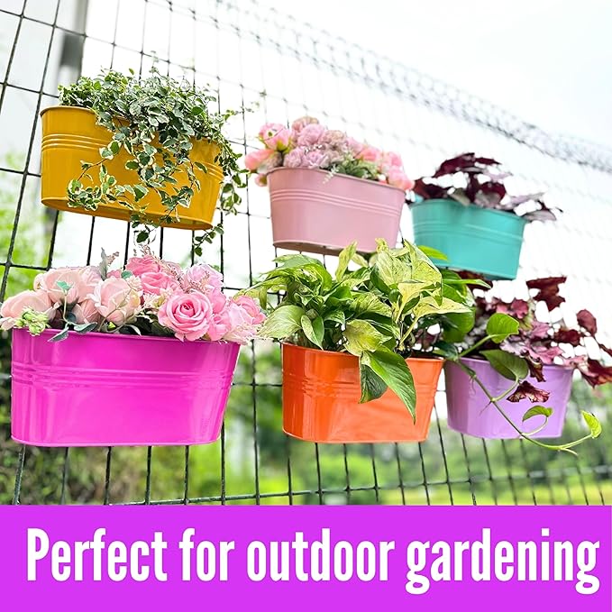 LaLaGreen Outdoor Hanging Planter (11.2 Inch, 6 Pack) Light Pink, Light Purple, Turquoise, Neon Pink, Yellow, Orange Metal Iron Window Box Flower Pot Deck Railings Fence Buckets Porch Garden Decor