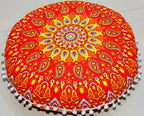 CRAFT KALA 22" Mandala Meditation Floor Pillows Cover Pouf Cover Round Seating Bohemian Mandala Cotton Floor Cushion Cover Outdoor Fireplace Seating Living Room Yoga Room Home Décor (Orange Flower)