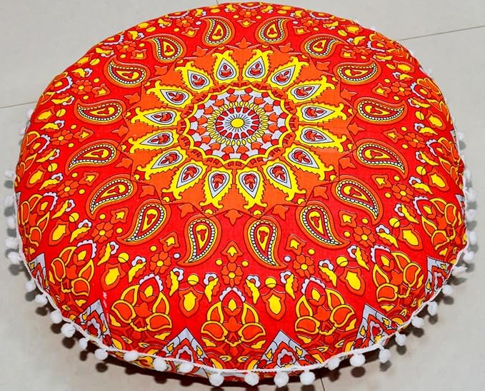 CRAFT KALA 22" Mandala Meditation Floor Pillows Cover Pouf Cover Round Seating Bohemian Mandala Cotton Floor Cushion Cover Outdoor Fireplace Seating Living Room Yoga Room Home Décor (Orange Flower)