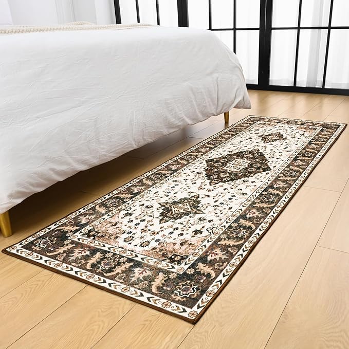 Amearea Vintage Design Runner Rugs for Living Room, 2x6 Machine Washable Floral Collection Traditional Bedroom Rug, Low Pile Cute Kids Room Print Carpet, No Slip Office Kitchen Home Decor, Brown
