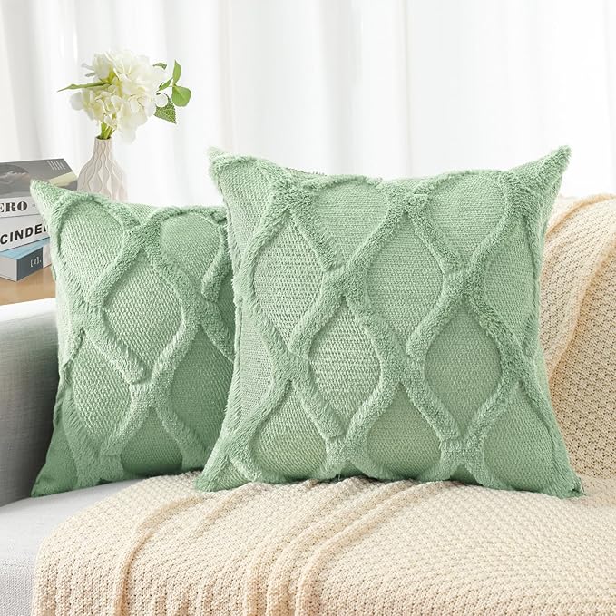 decorUhome Spring Euro Sham Throw Pillow Covers 22x22 Inch Set of 2, Soft Plush Faux Fur Wool Grass Green Accent Couch Pillow Covers for Modern Farmhouse Bed Sofa Living Room