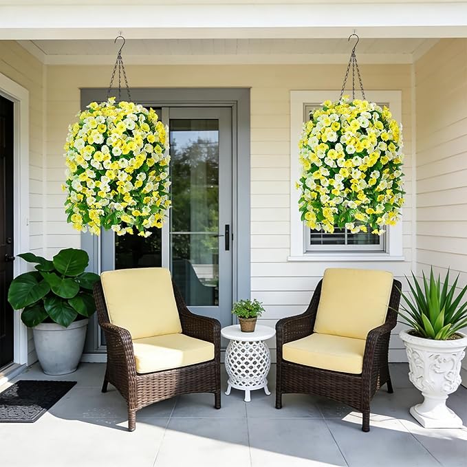Artificial Flowers with Hanging Basket, Outdoor Faux Plants Silk Morning Glory Vines, Fake Green Arrangement for Garden Patio Spring Summer Decor(Yellow White)