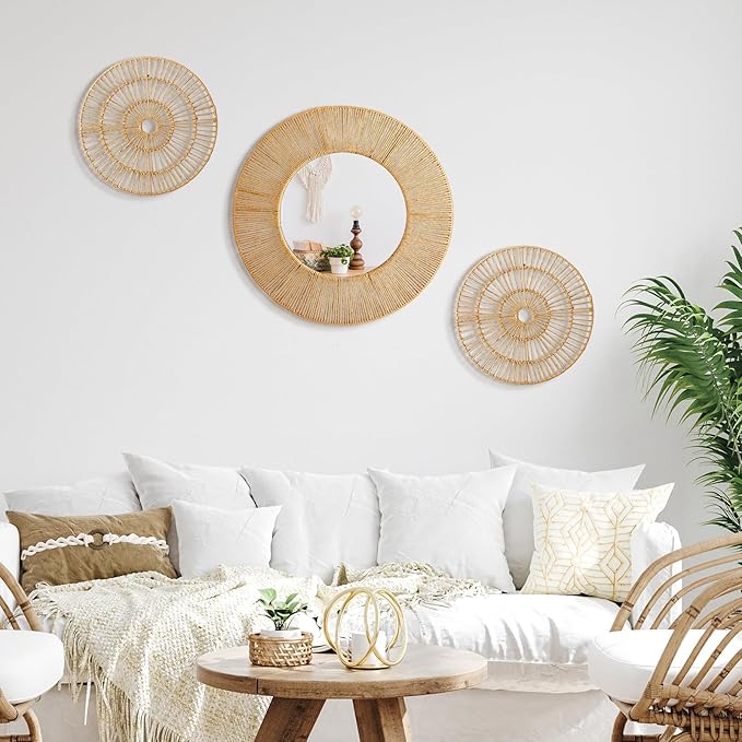 Yerliker 3 Pcs Boho Mirror Wall Decor Large Mounted Mirror with Natural Jute 19.7 Inch 11.8 Inch Frame Wall Hanging Art Coastal Room Decorative Rustic Round Mirrors for Nursery Bathroom Living Bedroom