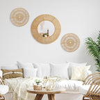 Yerliker 3 Pcs Boho Mirror Wall Decor Large Mounted Mirror with Natural Jute 19.7 Inch 11.8 Inch Frame Wall Hanging Art Coastal Room Decorative Rustic Round Mirrors for Nursery Bathroom Living Bedroom