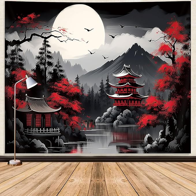 Mountain Forest Nature Tapestry for Bedroom, Black and White Moon Landscape Wall Hanging, Tree Sunset Dark Large Asia Japanese Tapestries Aesthetic Anime Art Decor for Living Room College Dorm, 60x40