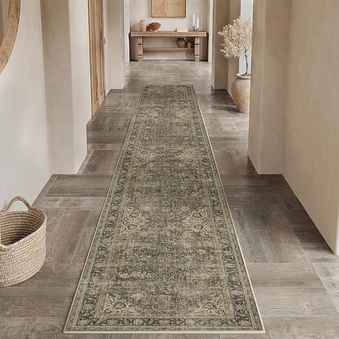 3x12 Washable Brown Runner Rug Vintage Hallway Kitchen Carpet Non-Slip Soft Low Pile Distressed Throw Rug for Bedroom Bathroom Laundry Living Room