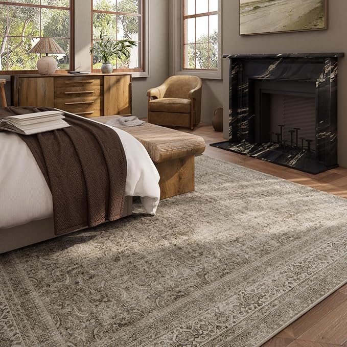 Washable Area Rugs for Living Room: 9x12 Bedroom Rug Boho Vintage Area Rug Stain Resistant Non Slip Low Pile Lightweight Soft Carpets for Dining Room Kitchen Nursery Kids Room Farmhouse