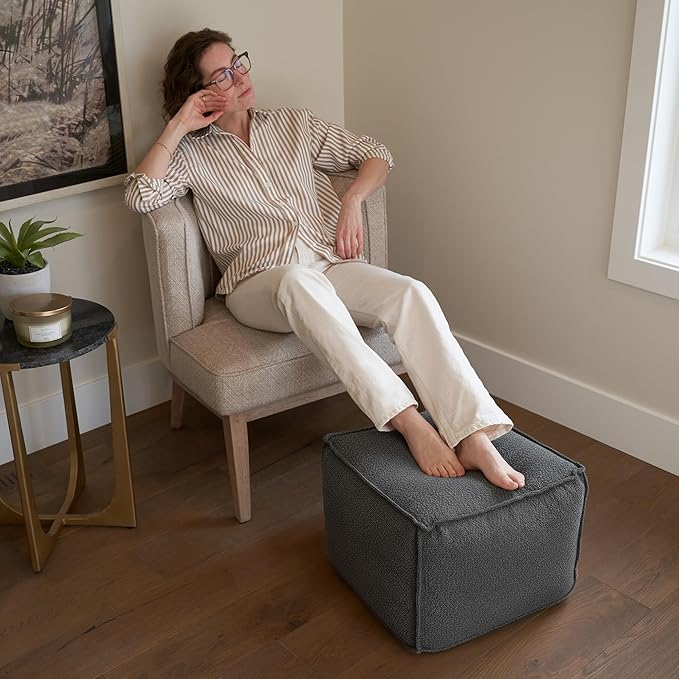 ZICOTO Beautiful Boucle Pouf Ottoman and Foot Rest - Elevate Your Living Room Decor with Lightweight Comfort and Charm - A Round Modern Foam Filled Foot Stool Perfect to Rest Your Feet