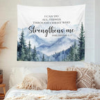 MNASAIOO Christian Mountian Woods Wall Tapestry Hanging for Bedroom, Bible Verse Scripture I can Do All Things through Christ Tapestries, Watercolor Wall Decor for Living Prayer Room Church 50x60in
