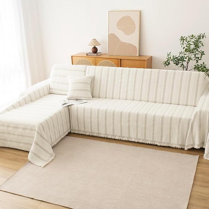 Boho Sofa Covers for 2 Cushion Couch, Chenille Sofa Slipcover for Pets Washable, L-Shape Sectional Loveseat Cover Soft Throw Blankets with Tassels(71x102,Striped Beige)