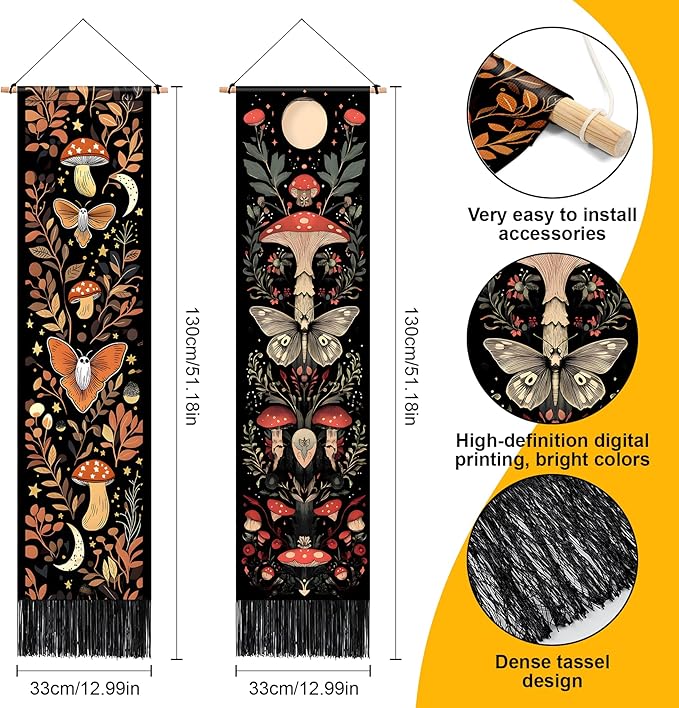 AOHMPT Pack of 2 Long Vertical Tapestry,Nature Landscape Tapestry with Serene Mountain River, Moon & Sun Motifs,Traditional Ink Painting Wall Art,Zen Aesthetic Wall Hanging for Living Room Bedroom Decor 13" W x 51" H"