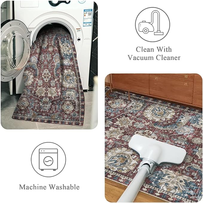 RUGSURE Washable Area Rugs - Perfect for Living Room, Bedroom, Kids Room, Nursery - Stain & Water Resistant Non-Slip, Pet & Child Friendly, Vintage Tribal Area Rugs (Rust and Blue, 8' x 10')