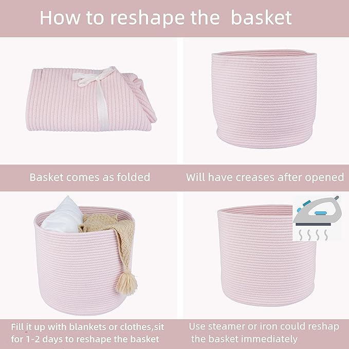 Cotton Rope Basket For Girls Kids 16”X14” Baby Laundry Baskets Nursery Bin Round Woven Basket Organizer For Storage Toys Blankets Shoes Clothes pink