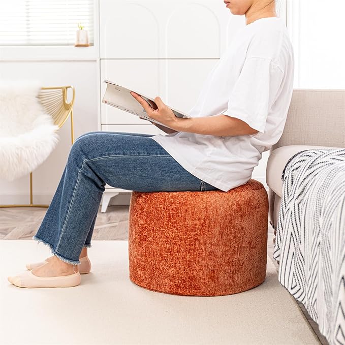 Round Boucle Pouf Ottoman Modern Foam Filled Foot Rest Multifunctional Foot Rest Coffee Table Floor Pouf Seat for Living Room Bedroom Orange