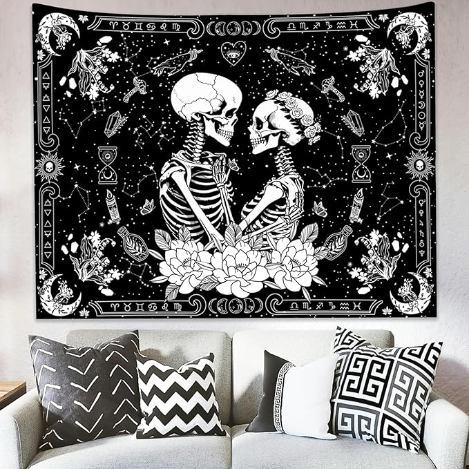 KJHL Black and White Gothic Witchy Skull Tapestry 44ʺ x 60ʺ Floral Constellation Skeleton Aesthetic Tapestries Wall Hanging for Bedroom Dorm
