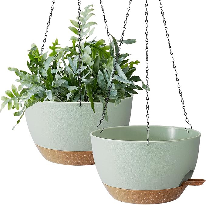 Hanging Plant Pots 12 inch Set of 2, Self Watering Hanging Planters with Drainage Holes, Indoor Outdoor Plastic Flower Pots with Hanging Chains for Balcony, Porch, Garden, Home Décor, Green