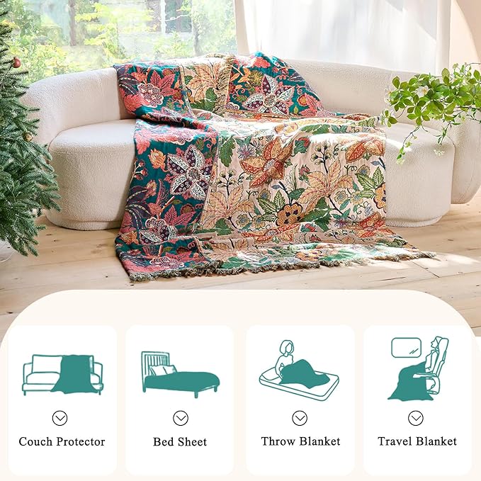 Boho Throw Blanket - 50"x60" 100% Cotton Soft Breathable Lightweight Bed Blanket, Reversible Muslin Spring Blankets Green Floral Farmhouse Decor Rustic Quilt for Bed Couch