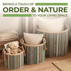 Set of 3 Handwoven Sedge Grass Baskets with Turquoise Brocade Cover – Decorative Woven Storage Baskets for Laundry, Toys & Blankets – Natural Wicker Hampers for Home & Bedroom Decor