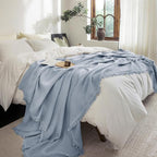 FOSSA Muslin Blanket with Fringe - 4-Layer 100% Cotton Gauze Super Soft & Breathable Throw -Lightweight Decorative Cooling Blanket for Bed, Sofa, Office (Cornflower Blue, Super King (108" × 98"))