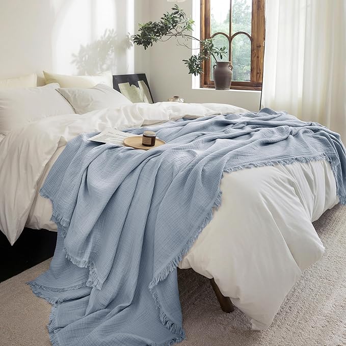 FOSSA Muslin Blanket with Fringe - 4-Layer 100% Cotton Gauze Super Soft & Breathable Throw -Lightweight Decorative Cooling Blanket for Bed, Sofa, Office (Cornflower Blue, Super King (108" × 98"))